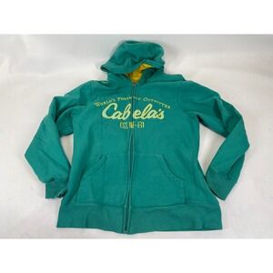 Cabelas Full Zip Hoodie Teal Green Yellow Embroidered Logo Mens L